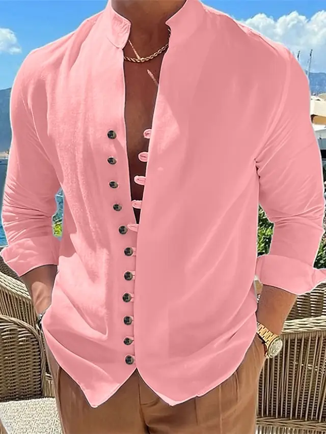 8 PACK-Men's Shirt Linen Shirt Summer Shirt Button Up Shirt Casual Shirt Black White Pink Blue Long Sleeve Plain Band Collar Summer Spring &  Fall Daily Vacation Clothing Apparel