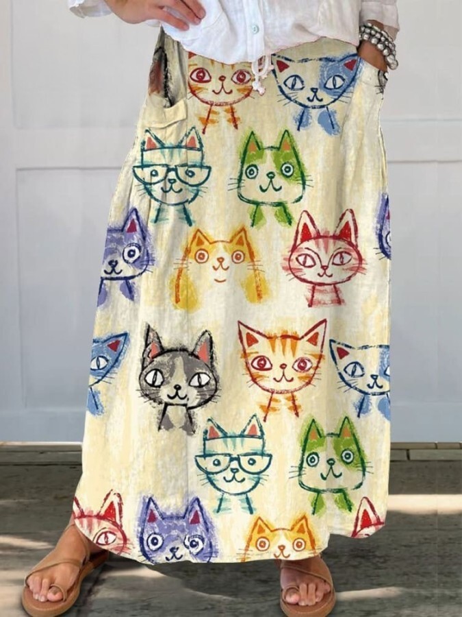 Women's Cute Cat Art Print Linen Pocket Skirt dd3b