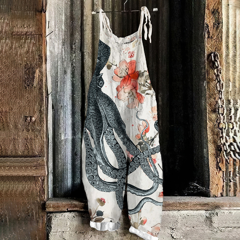 Vintage Japanese Art Octopus Floral Print Loose Jumpsuit 89a1