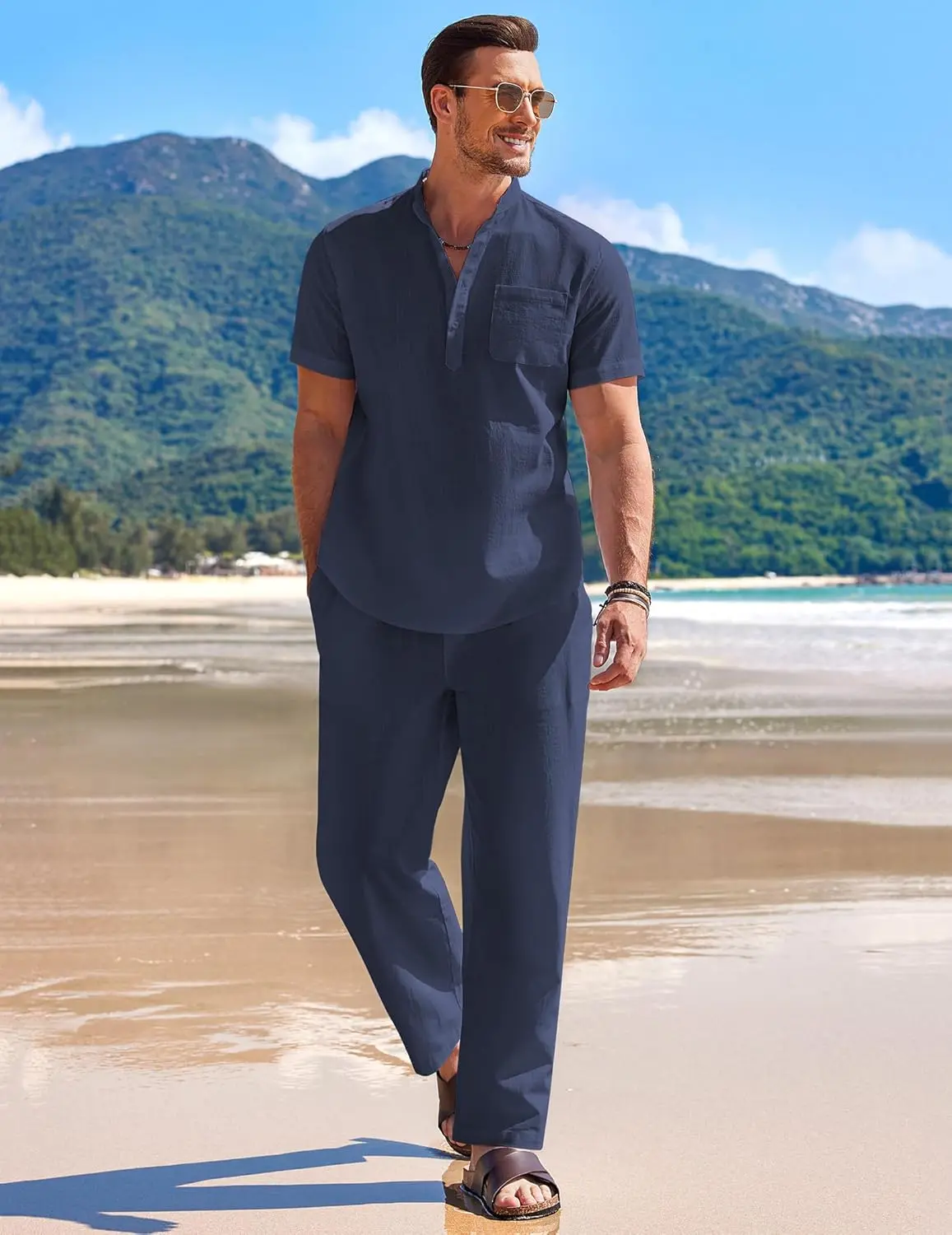 10 Pack-Men's 2 Pieces Cotton Linen Set Casual Short Sleeve Henley Shirts Beach Yoga Pants Summer Outfits