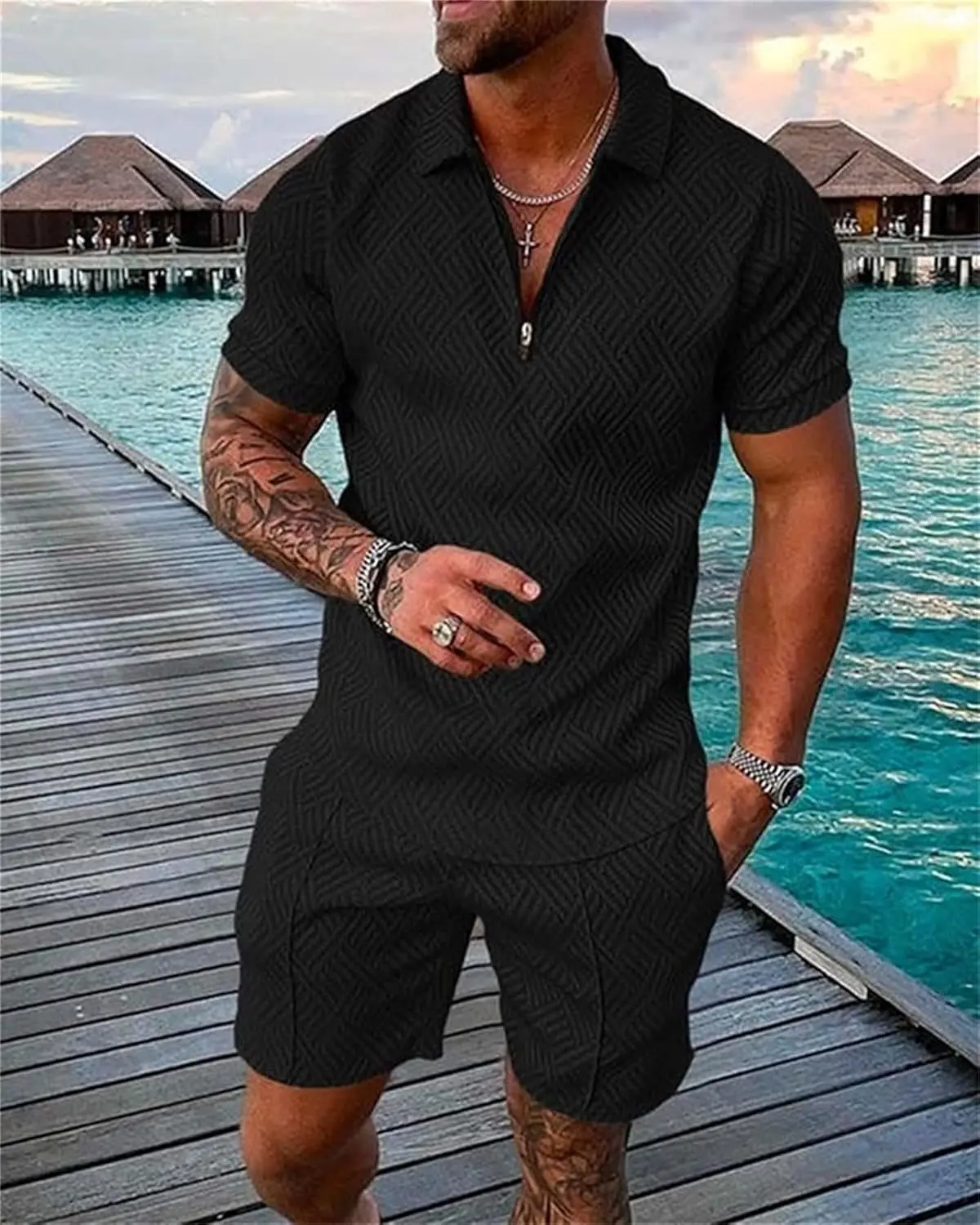 18 Pack Men Track Suits 2 Piece Set Summer Casual Outfits Fashion Polo Shirts Short Sleeve and Shorts Set Vacation Clothes