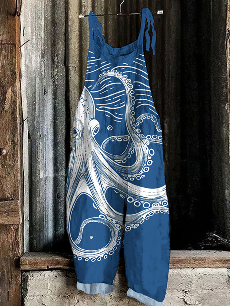 Japanese Art Octopus Print Casual Loose Jumpsuit 019b