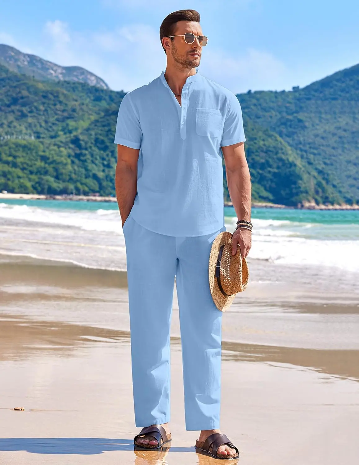 10 Pack-Men's 2 Pieces Cotton Linen Set Casual Short Sleeve Henley Shirts Beach Yoga Pants Summer Outfits