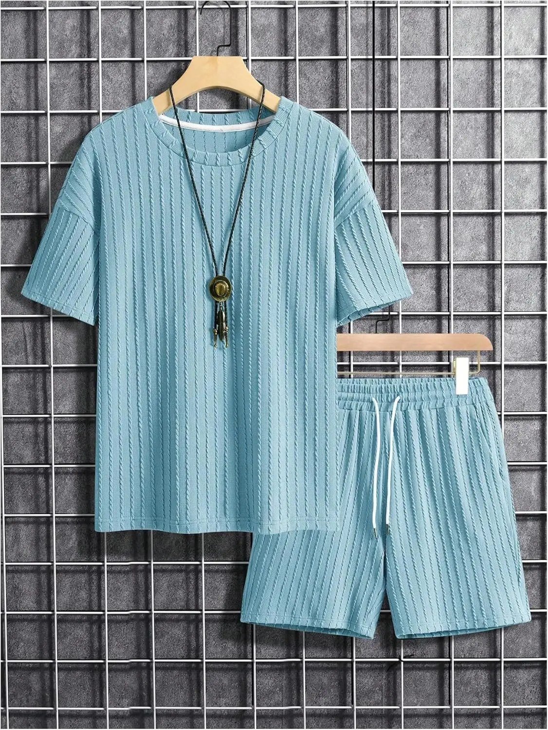 7 Pack-Men's 2 Piece Outfits Short Sleeve Crewneck Summer T Shirt and Drawstring Casual Track Shorts Set