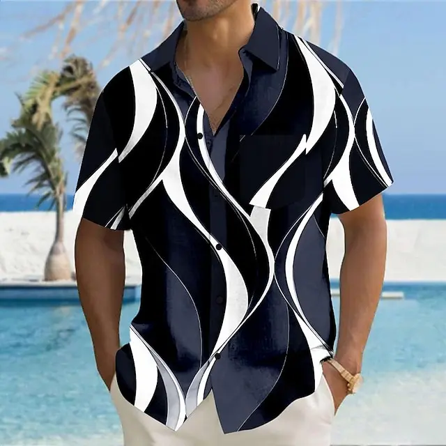 4 PACK-Geometric Lines / Waves Hawaiian Resort Men's Printed Shirts Party Causal Daily Summer Turndown Short Sleeve Black, White, Blue S, M, L Polyester Shirt