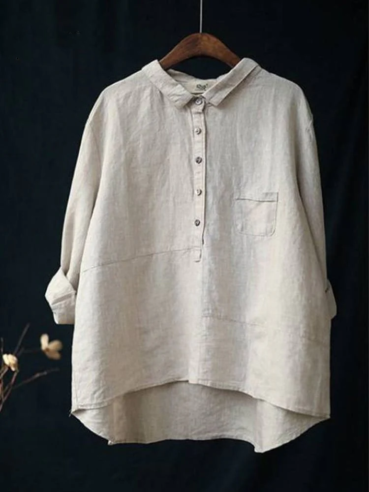 Women's Lapel Neck Casual Solid Colour Cotton And Linen Long Sleeve Shirt 120a