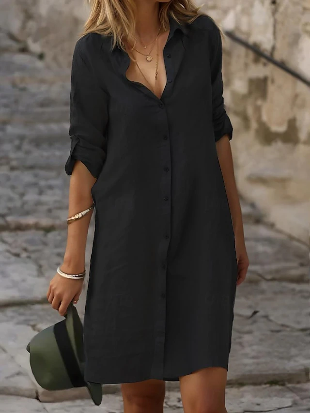 Women's Casual Linen Dress Button-Down Shirt Collar 3/4 Long Sleeve 2628