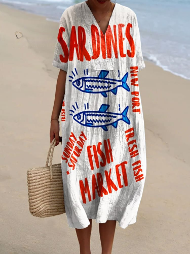 Women's Vintage Fish Sardines Art Print Flowy Dress 7ef5
