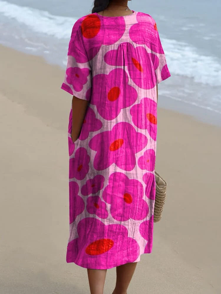 Vibrant Pink Floral Pattern Printed Women's Flowy Dress f108