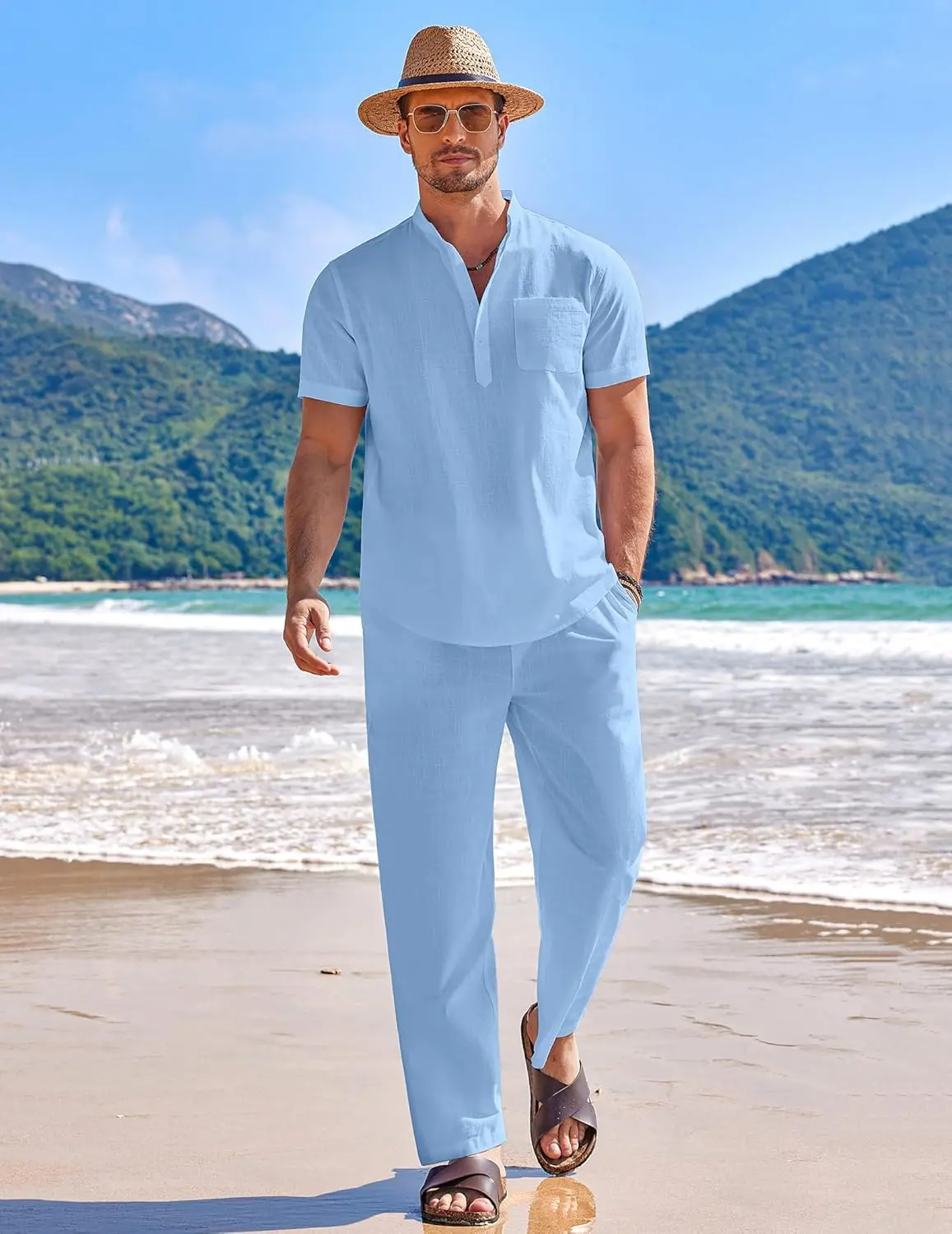 10 Pack-Men's 2 Pieces Cotton Linen Set Casual Short Sleeve Henley Shirts Beach Yoga Pants Summer Outfits