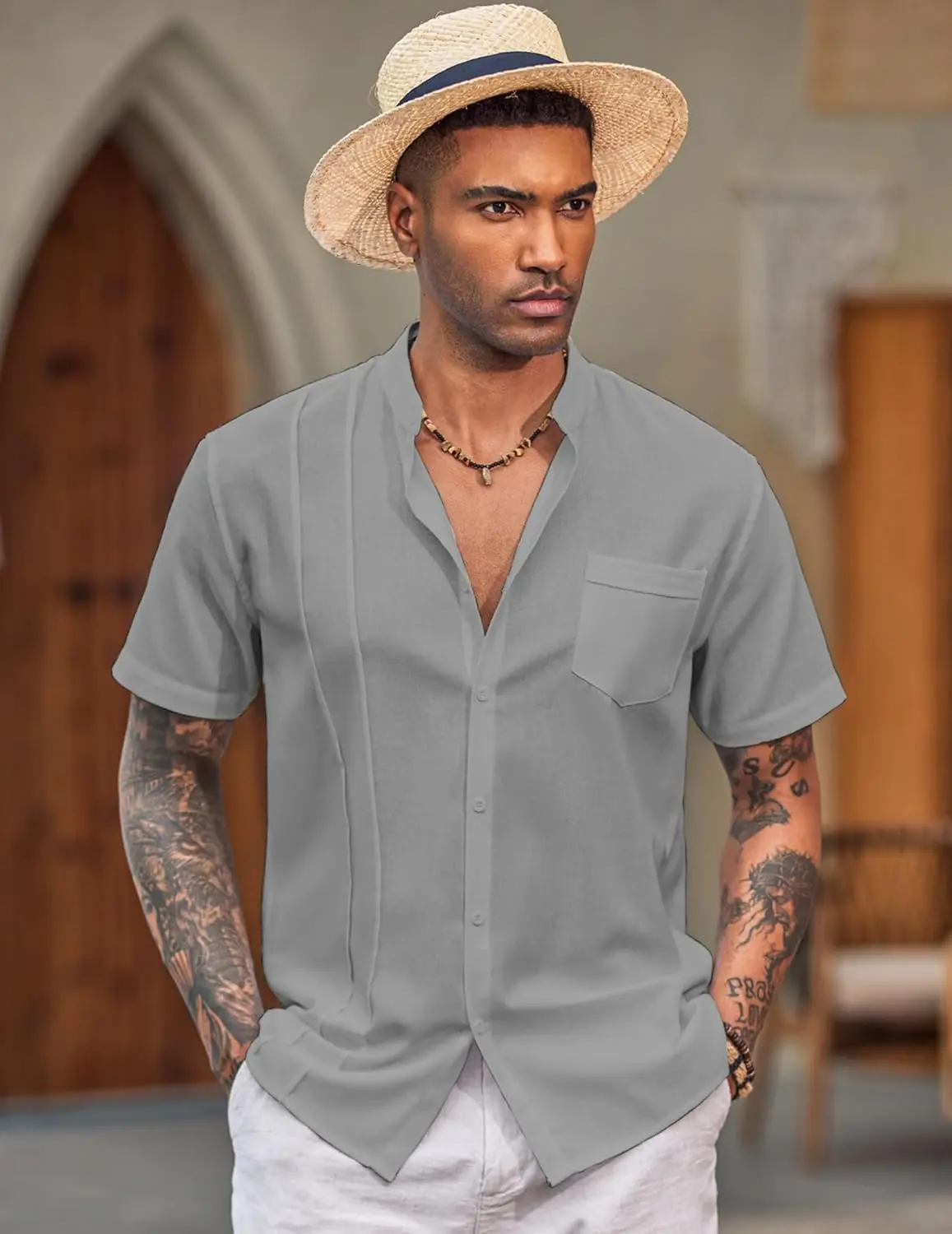 9 Pack-Men's Cuban Guayabera Shirt Cotton Linen Short Sleeve Button Down Shirts Casual Band Collar Summer Shirt