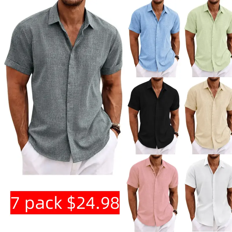 7 PACK-Men's Shirt Linen Shirt Summer Shirt Casual Shirt Beach Shirt Button Down Shirt Black White Pink Blue Short Sleeve Plain Lapel Summer Casual Daily Clothing Apparel
