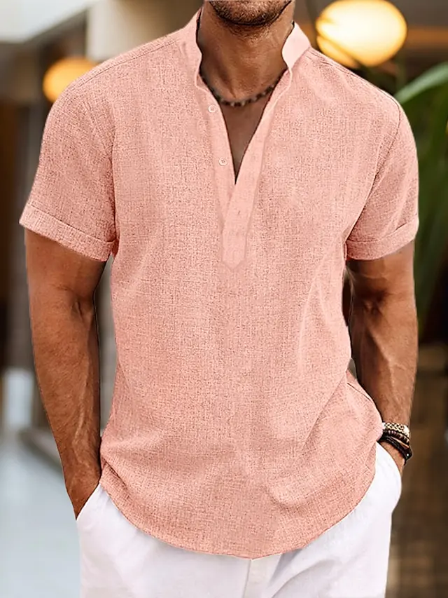 7 PACK-Men's Shirt Linen Shirt Popover Shirt Summer Shirt Beach Wear Black White Pink Green Short Sleeve Plain Henley Summer Casual Daily Clothing Apparel