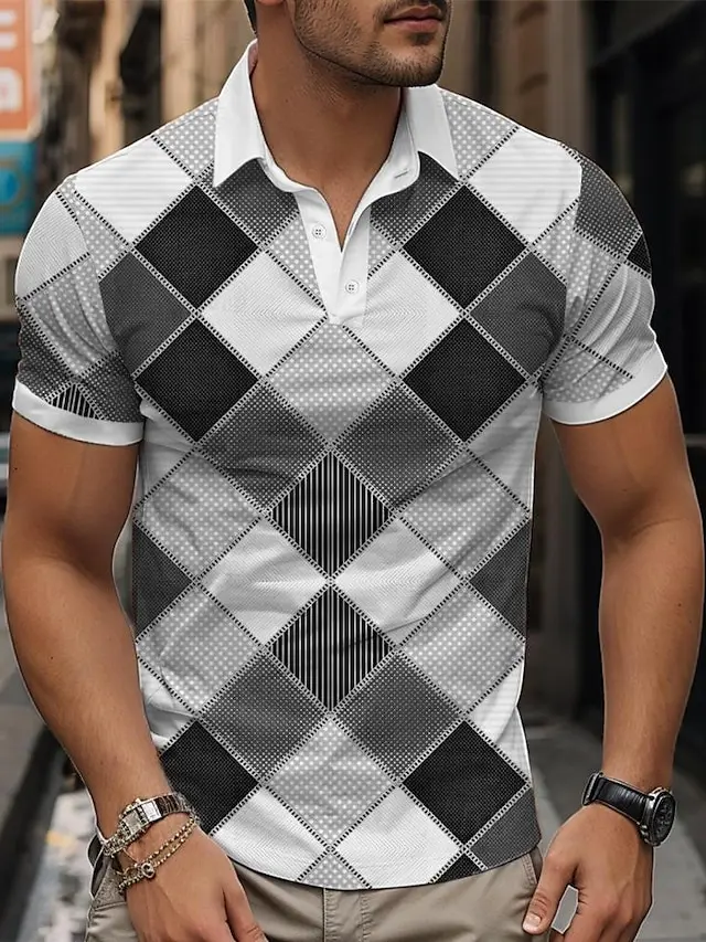 4 PACK-Plaid Checkered Men's Sportswear 3D Print Polo Shirt Formal Work Street Polyester Short Sleeve Turndown Polo Shirts Blue Green Spring & Summer S M L Micro-elastic Lapel Polo