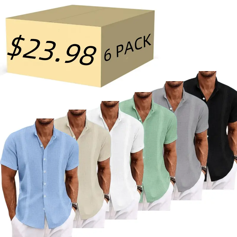 6 PACK-Men's Shirt Linen Shirt Guayabera Shirt Summer Shirt Beach Wear Button Up Shirt Black White Blue Green Short Sleeve Plain Collar Summer Casual Daily Clothing Apparel
