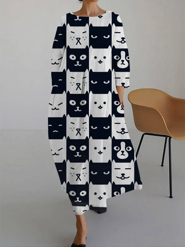 Women's Funny Cat Print Casual Loose Dress (With Pockets On Both Sides) 3c7a