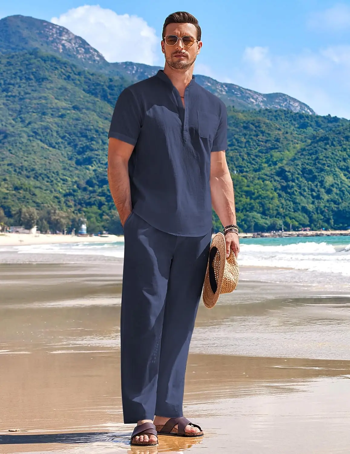 10 Pack-Men's 2 Pieces Cotton Linen Set Casual Short Sleeve Henley Shirts Beach Yoga Pants Summer Outfits