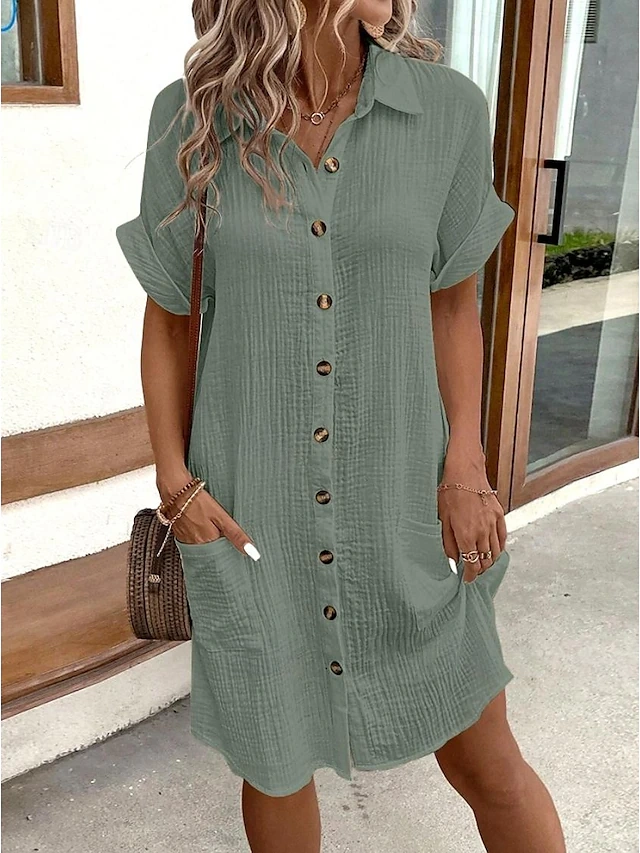 Women's Shirt Dress Mini Dress Button Pocket Vacation Casual V Neck Short Sleeve aa06