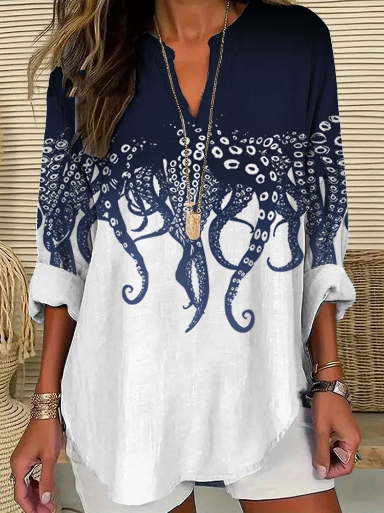 Women's Casual Japanese Art Ocean Octopus Print T-Shirt 4f4b