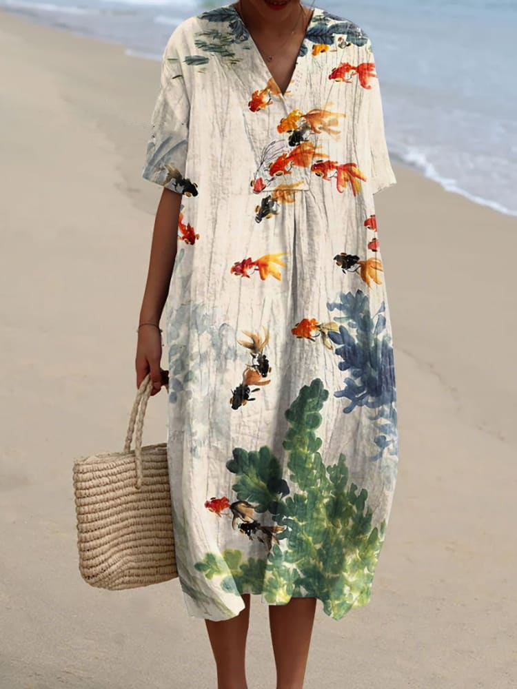Women's Watercolor Fish Art Print Flowy Dress d9b5