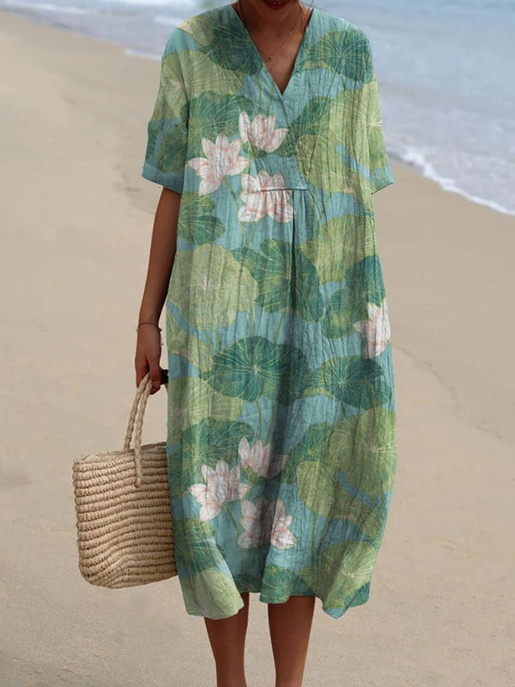 Women's Vintage Lovely Lily Art Print Casual Flowy Dress 5830