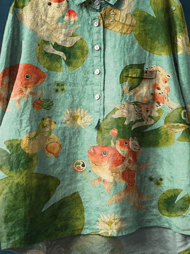 Vintage Lovely Fish Art Print Casual Cotton And Linen Shirt 2749