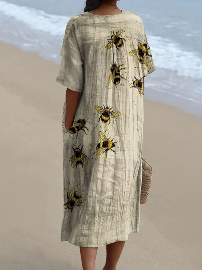 Women's Vintage Lovely Bees Art Print Flowy Dress 1ba6