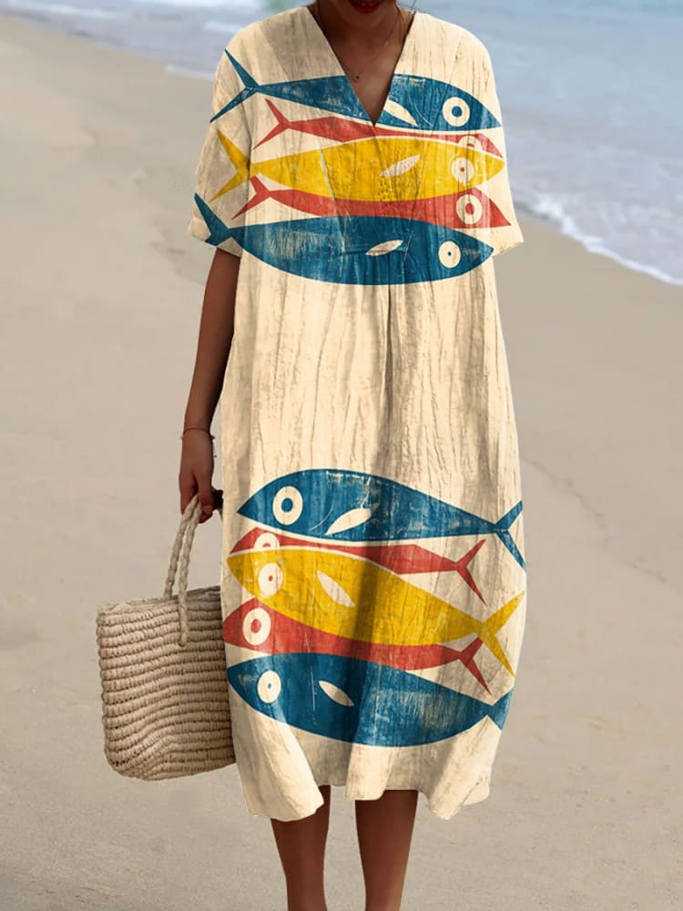 Women's Vintage Fish Sardine Art Print Flowy Dress 355b