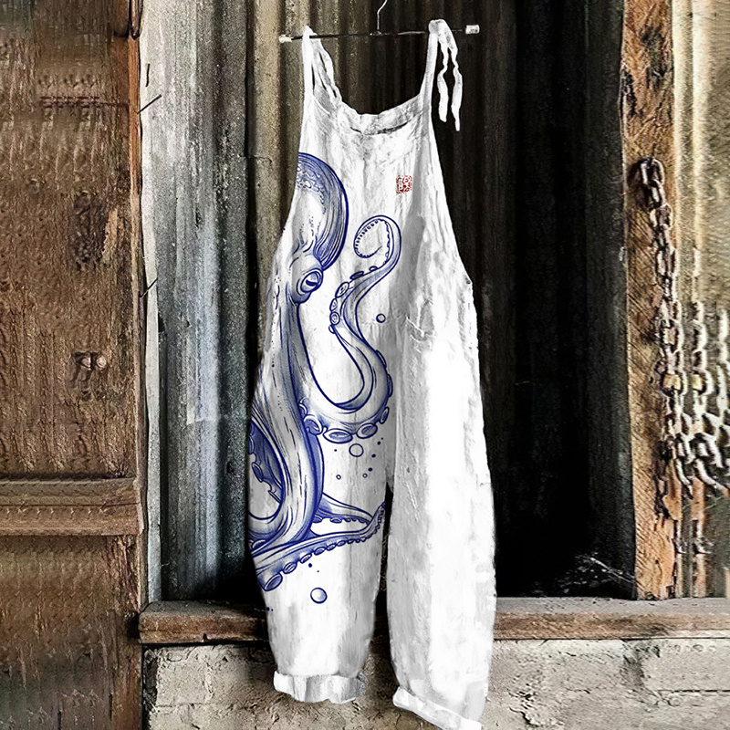 Japanese Art Vintage Octopus Print Casual Loose Jumpsuit d52a