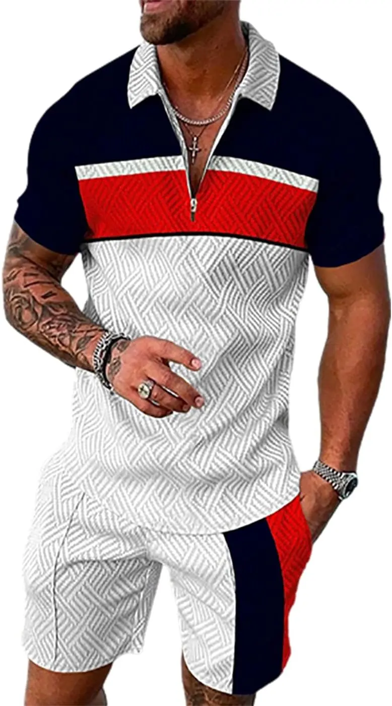 18 Pack Men Track Suits 2 Piece Set Summer Casual Outfits Fashion Polo Shirts Short Sleeve and Shorts Set Vacation Clothes