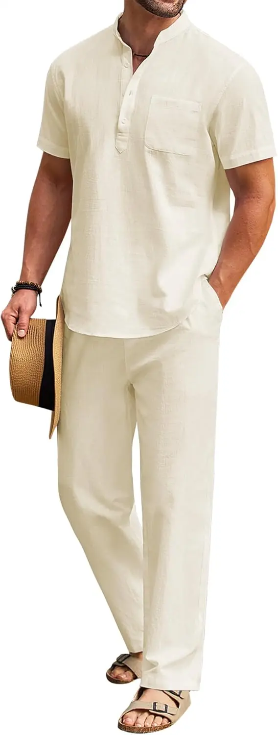 10 Pack-Men's 2 Pieces Cotton Linen Set Casual Short Sleeve Henley Shirts Beach Yoga Pants Summer Outfits