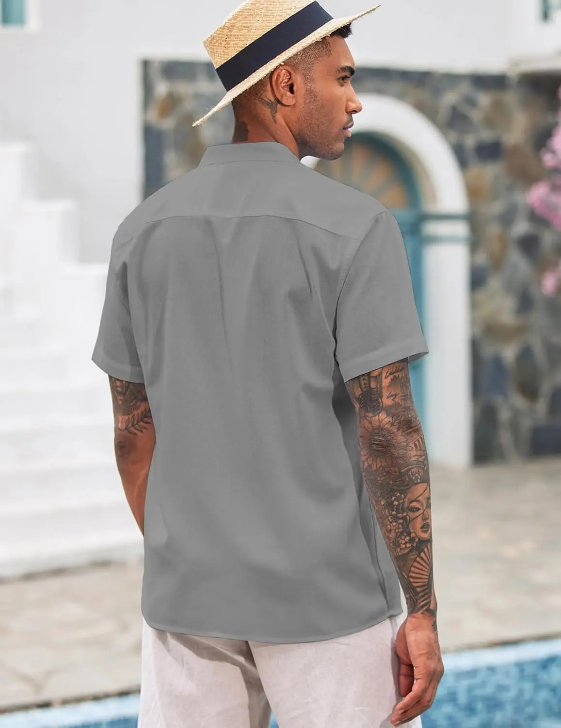 9 Pack-Men's Cuban Guayabera Shirt Cotton Linen Short Sleeve Button Down Shirts Casual Band Collar Summer Shirt