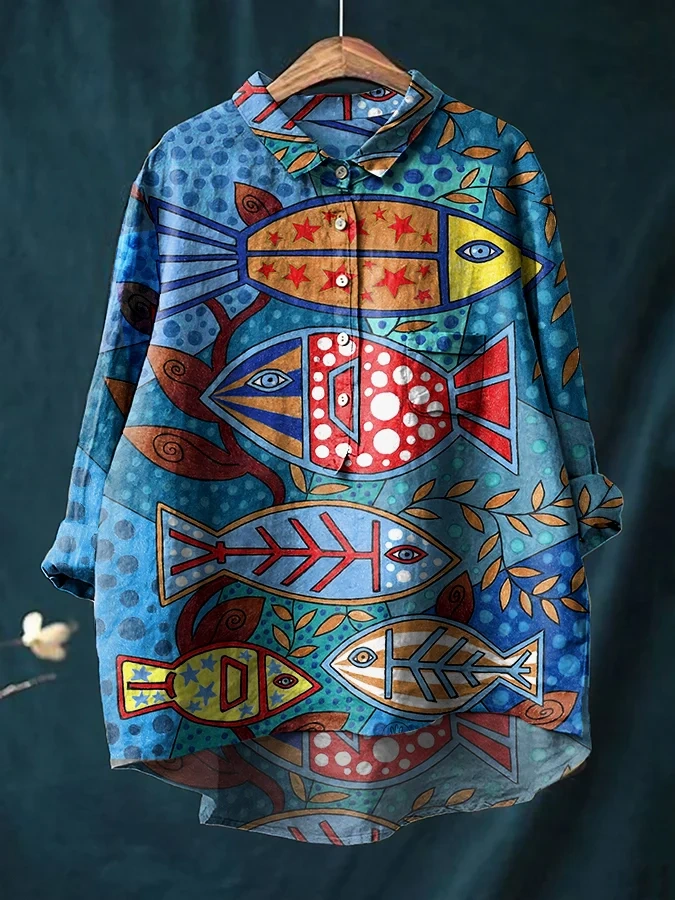 Women's Art Fish Print Cotton And Linen Shirt cdbb