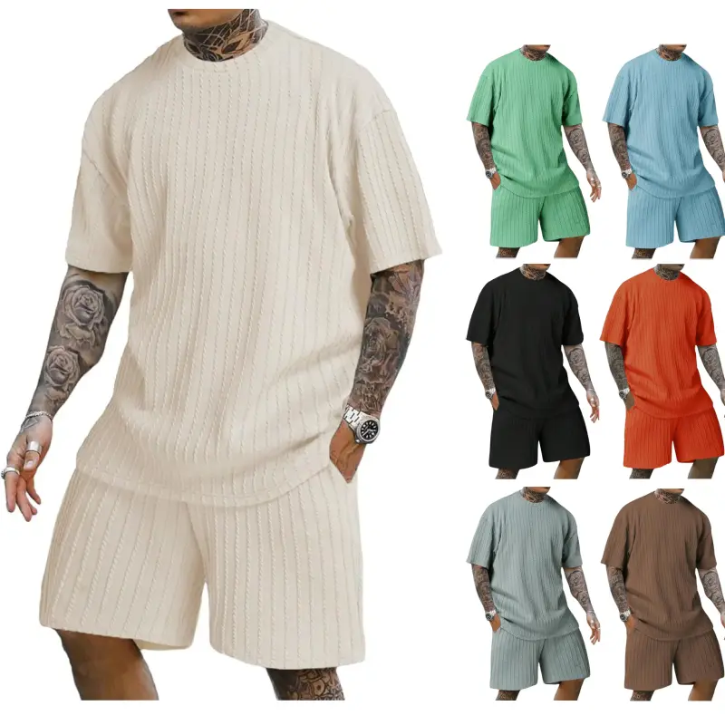 7 Pack-Men's 2 Piece Outfits Short Sleeve Crewneck Summer T Shirt and Drawstring Casual Track Shorts Set