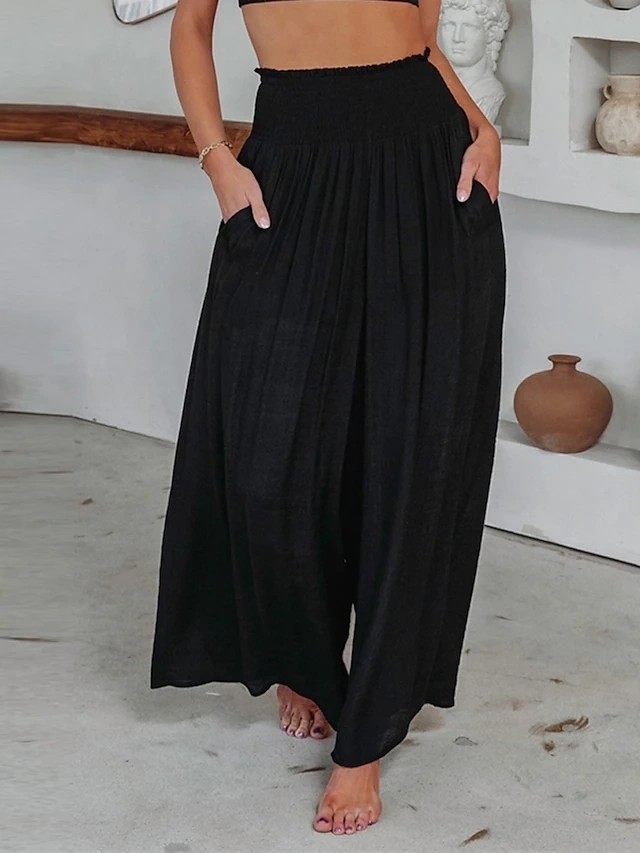 Women's Wide Leg Pants Trousers Pocket High Cut High Waist Full Length Black Fall a2b5
