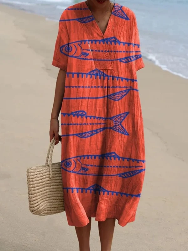 Women's Vintage Lovely Sardines Art Print Flowy Dress db4c