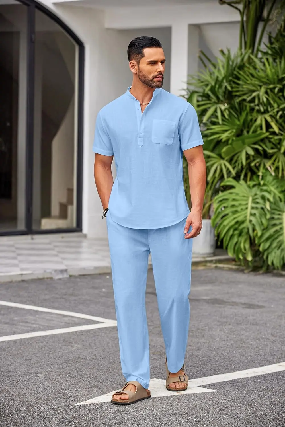 10 Pack-Men's 2 Pieces Cotton Linen Set Casual Short Sleeve Henley Shirts Beach Yoga Pants Summer Outfits