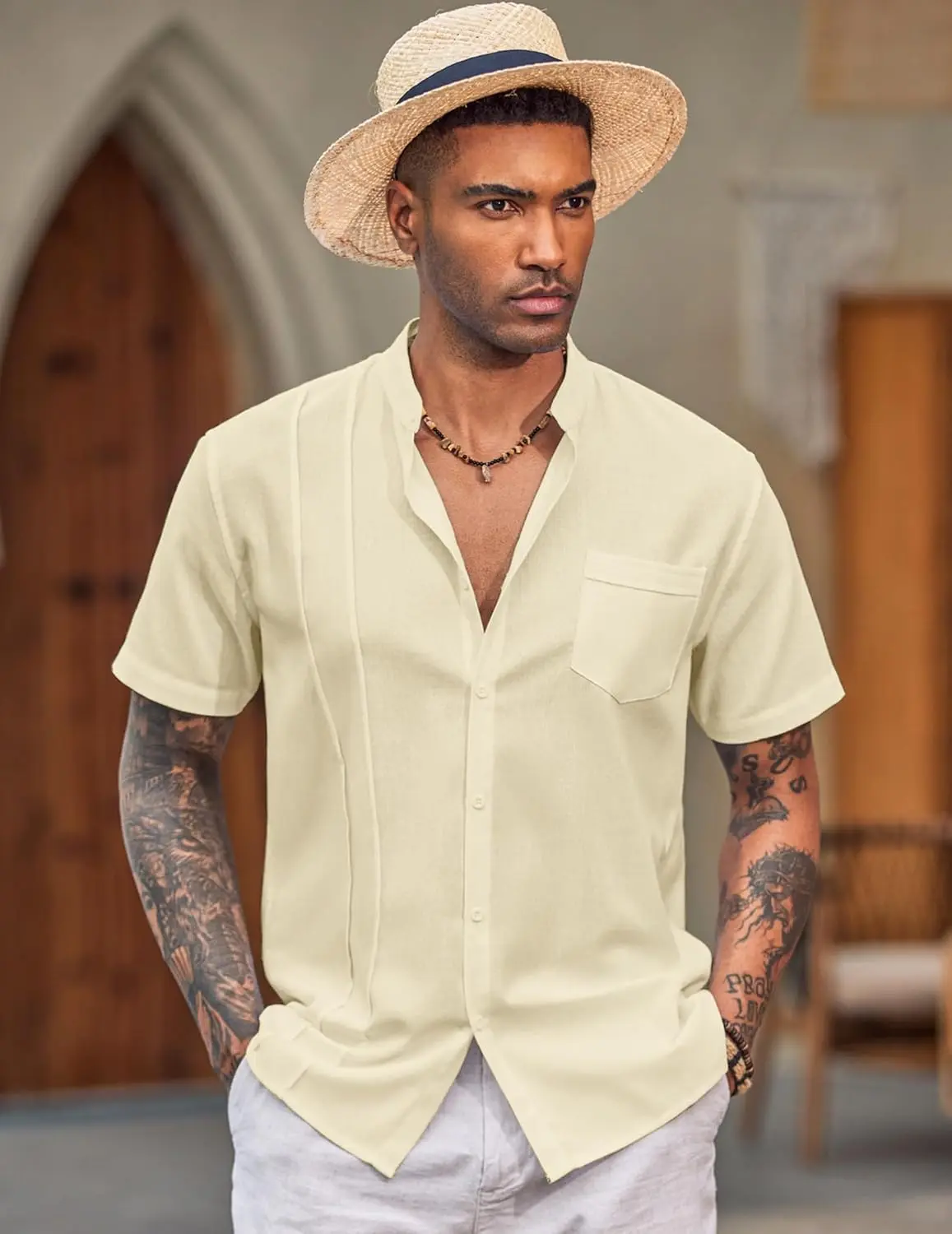9 Pack-Men's Cuban Guayabera Shirt Cotton Linen Short Sleeve Button Down Shirts Casual Band Collar Summer Shirt