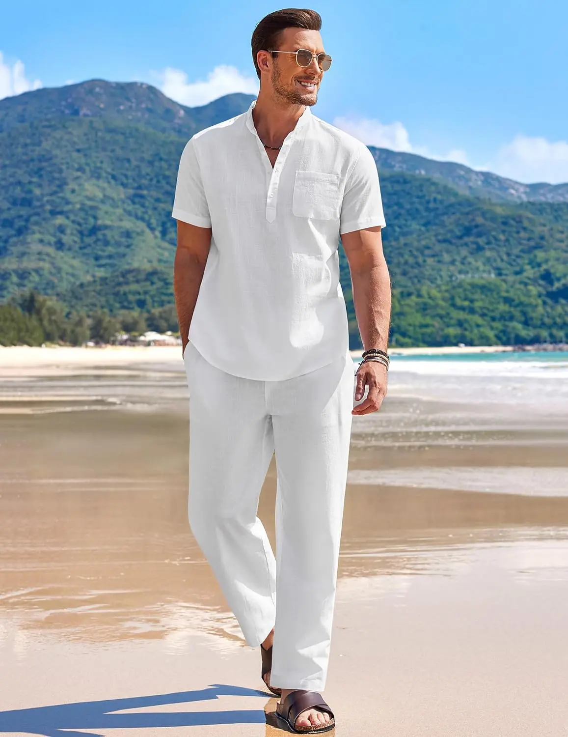 10 Pack-Men's 2 Pieces Cotton Linen Set Casual Short Sleeve Henley Shirts Beach Yoga Pants Summer Outfits