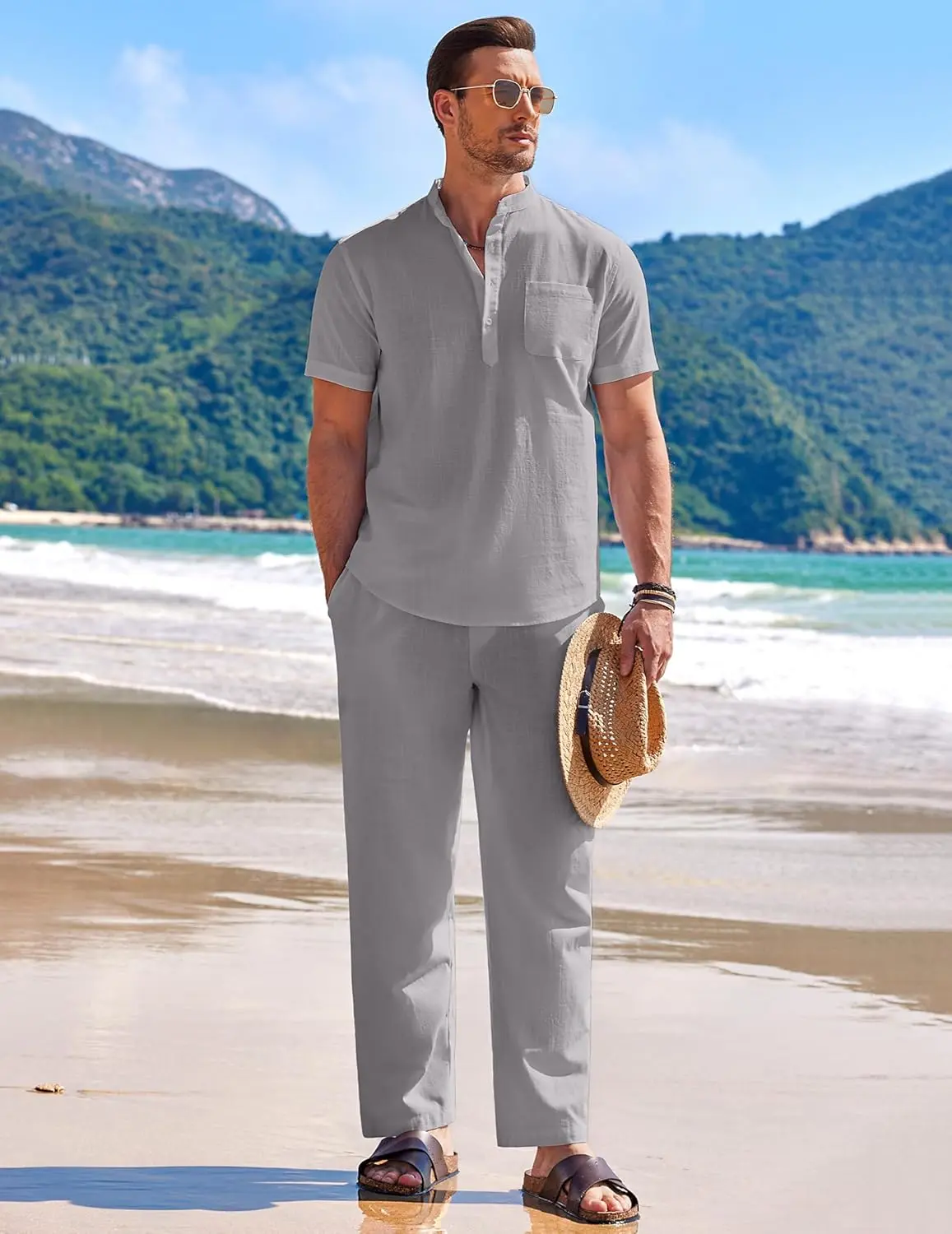 10 Pack-Men's 2 Pieces Cotton Linen Set Casual Short Sleeve Henley Shirts Beach Yoga Pants Summer Outfits