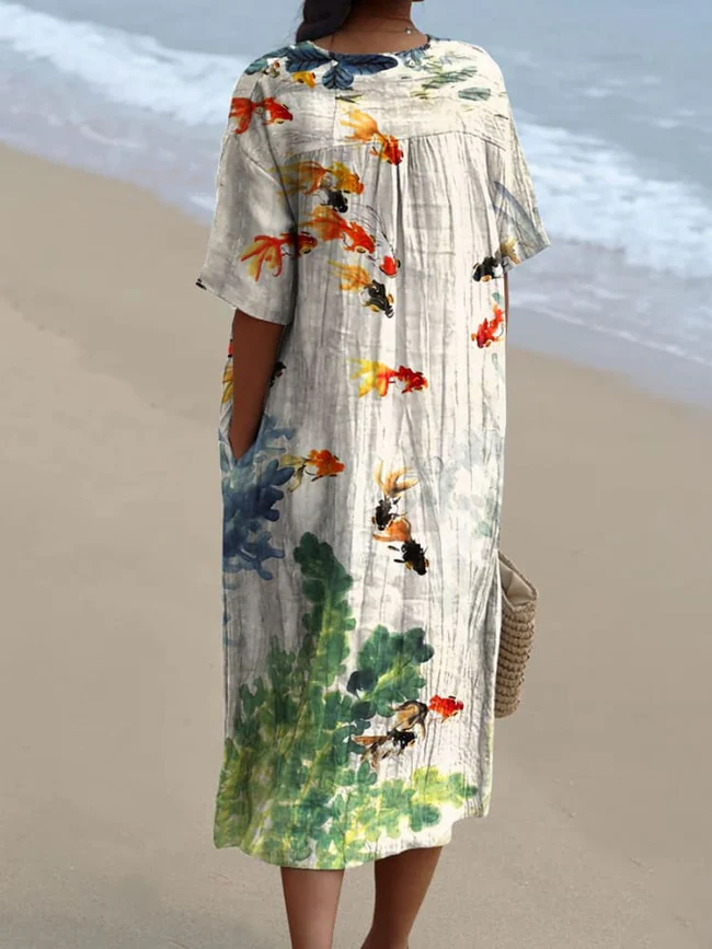 Women's Watercolor Fish Art Print Flowy Dress d9b5