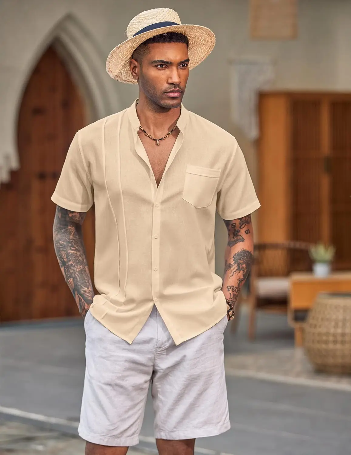 9 Pack-Men's Cuban Guayabera Shirt Cotton Linen Short Sleeve Button Down Shirts Casual Band Collar Summer Shirt