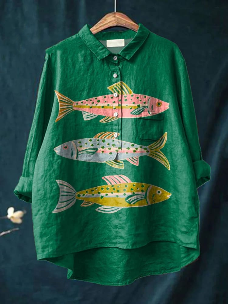 Women's Fish Art Print Casual Cotton And Linen Shirt 994d