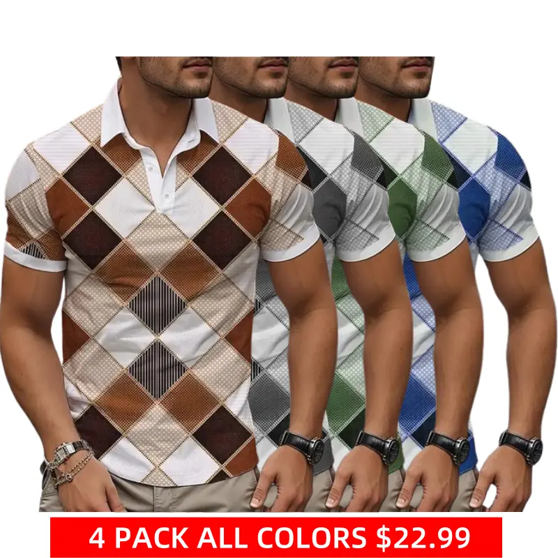 4 PACK-Plaid Checkered Men's Sportswear 3D Print Polo Shirt Formal Work Street Polyester Short Sleeve Turndown Polo Shirts Blue Green Spring & Summer S M L Micro-elastic Lapel Polo