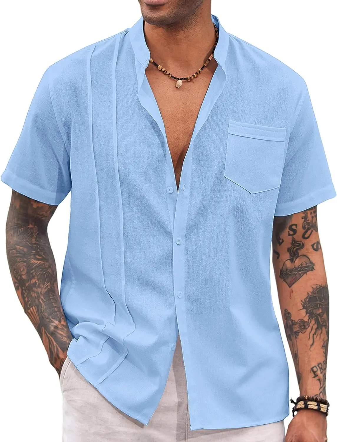 9 Pack-Men's Cuban Guayabera Shirt Cotton Linen Short Sleeve Button Down Shirts Casual Band Collar Summer Shirt