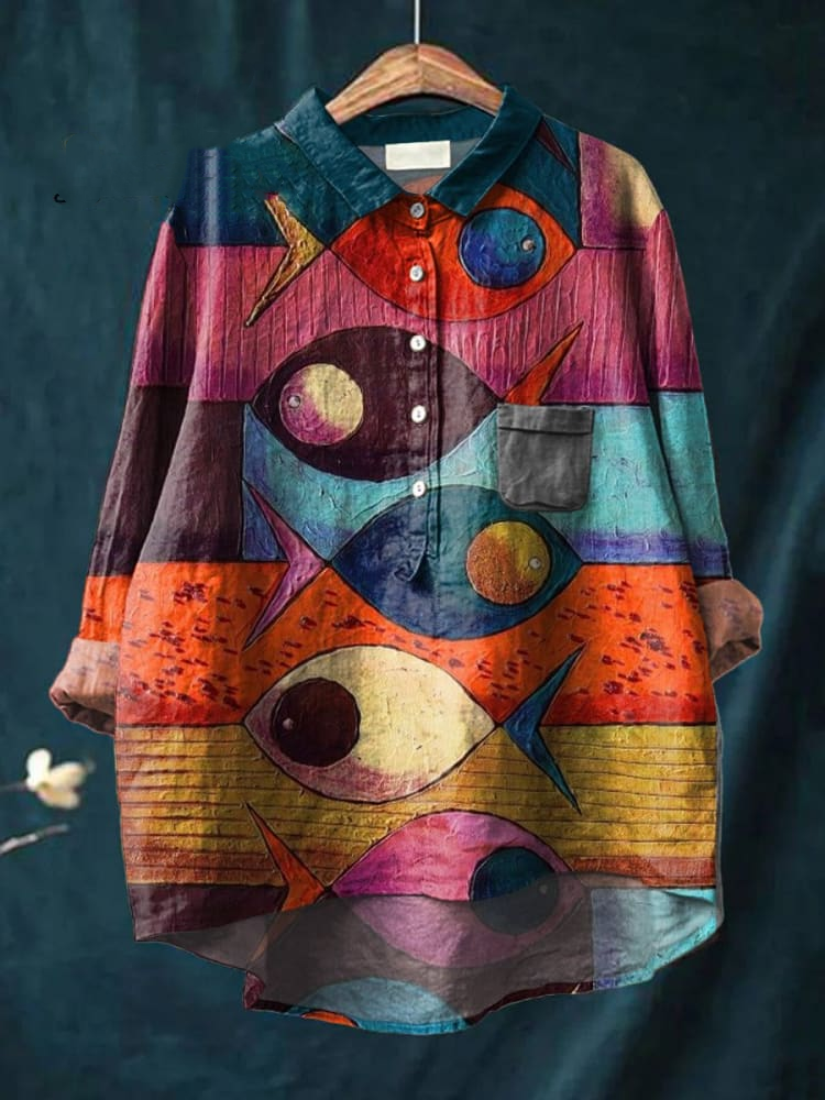Women's Fish Animals Art Print Casual Cotton And Linen Shirt 16da