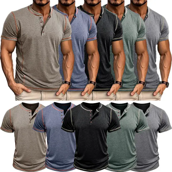 5 Pack-Men's Retro Short Sleeve Henley Shirt