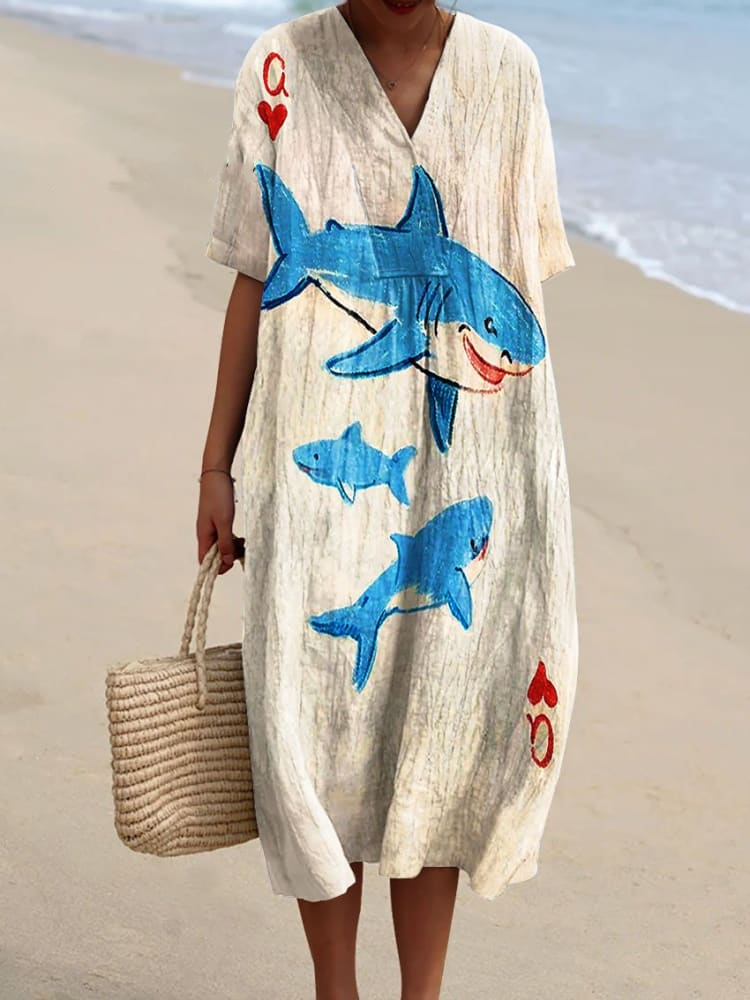 Women's Vintage Ocean Fish Sharks Art Print Flowy Dress 0b11