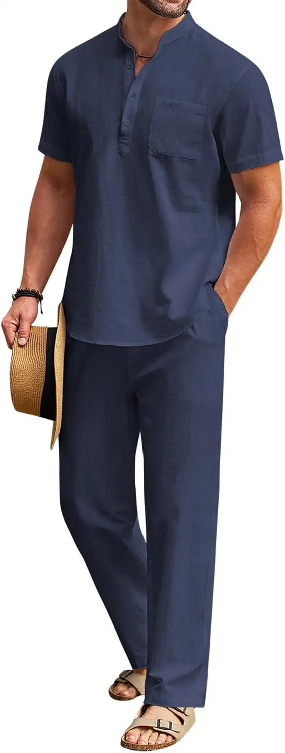 10 Pack-Men's 2 Pieces Cotton Linen Set Casual Short Sleeve Henley Shirts Beach Yoga Pants Summer Outfits