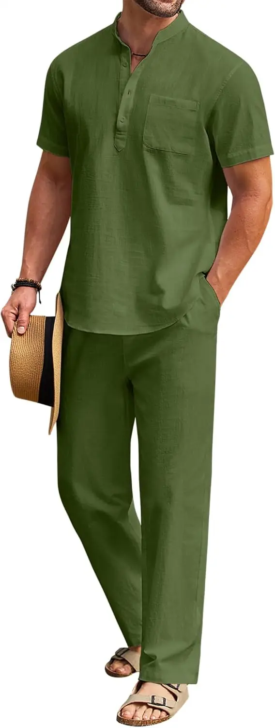 10 Pack-Men's 2 Pieces Cotton Linen Set Casual Short Sleeve Henley Shirts Beach Yoga Pants Summer Outfits